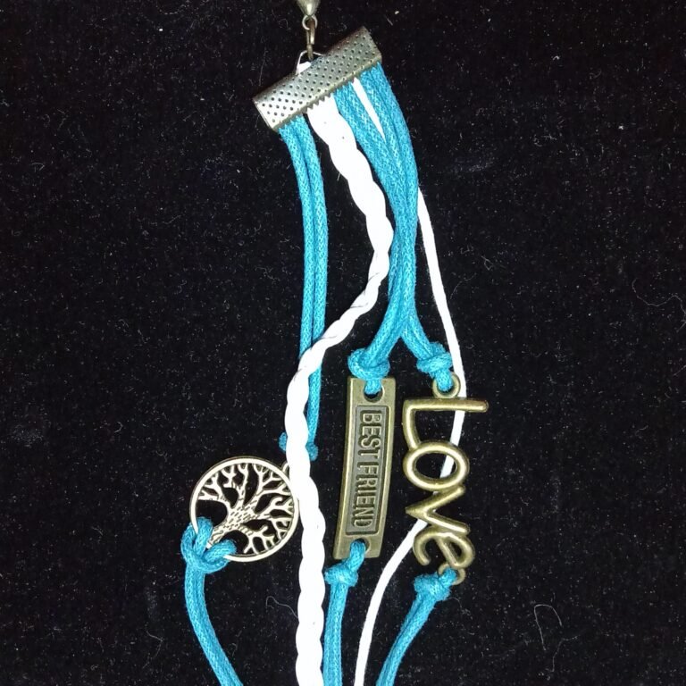 Blue and White Leather Cuff with Bronze Tree of Life
