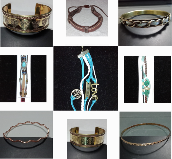 metal bangles and cuffs and leather Cuffs