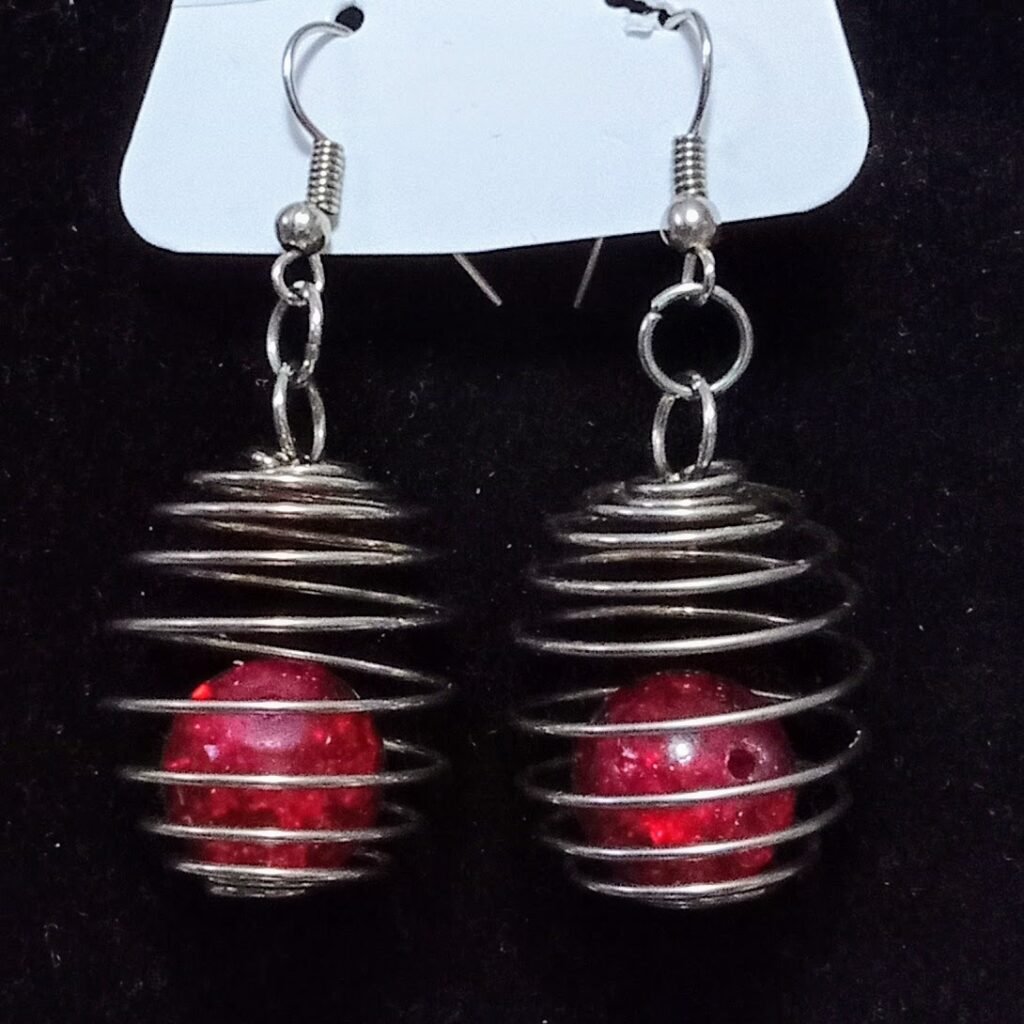 Stainless Steel Caged Glass Ruby Red Bead